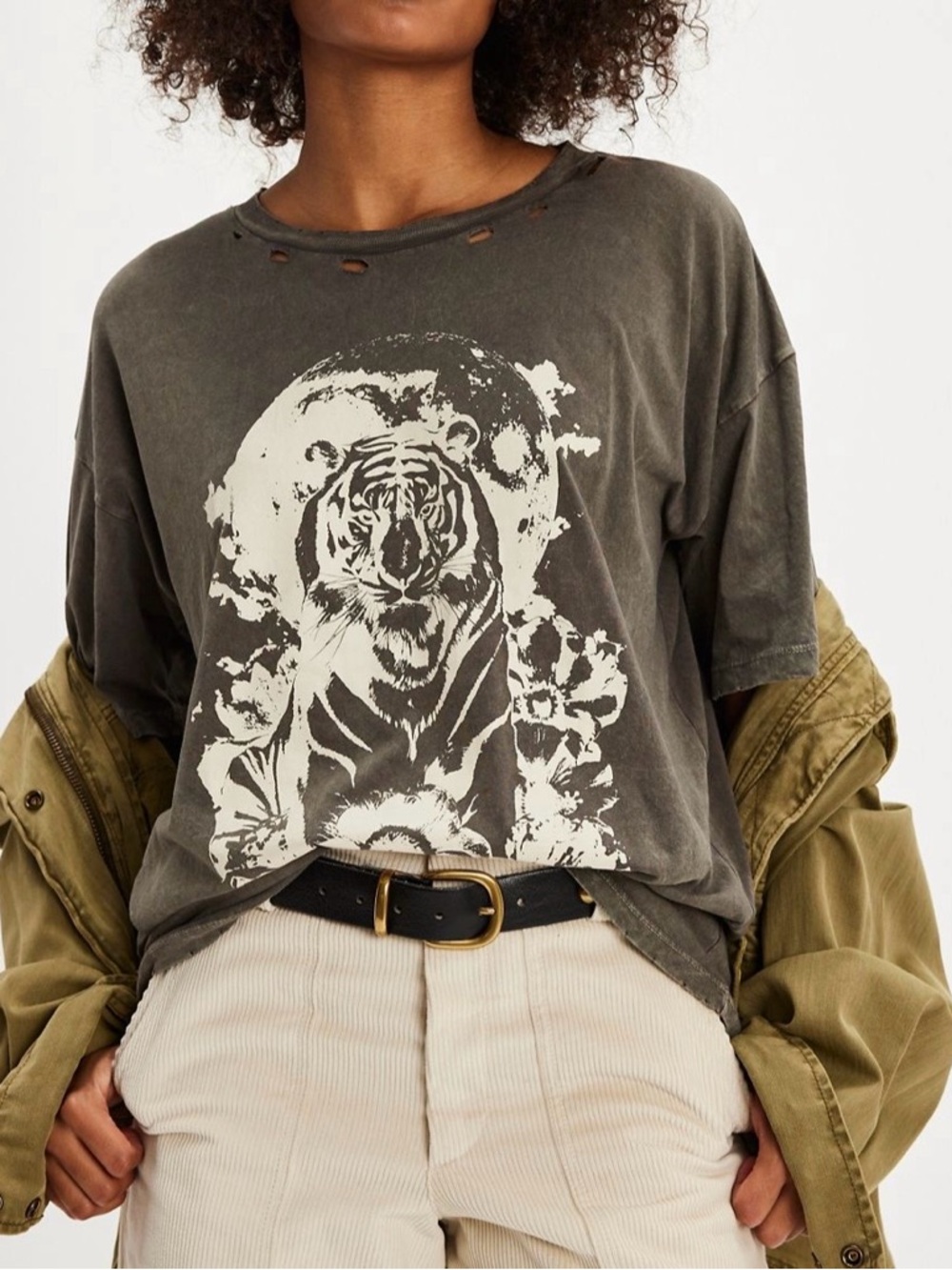 Distressed Graphic Tiger Tee in Charcoal